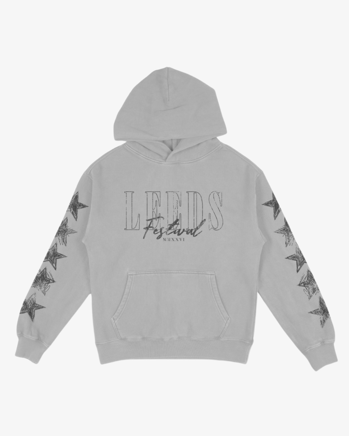The Click & Collect Leeds Cherub Hoodie by R&L Click & Collect 2026 features a light gray design with “LEEDS Festival” and “MAINS” printed on the front. Black stars adorn both sleeves, and it includes a front pocket. The hoodie is displayed laid flat against a white background.
