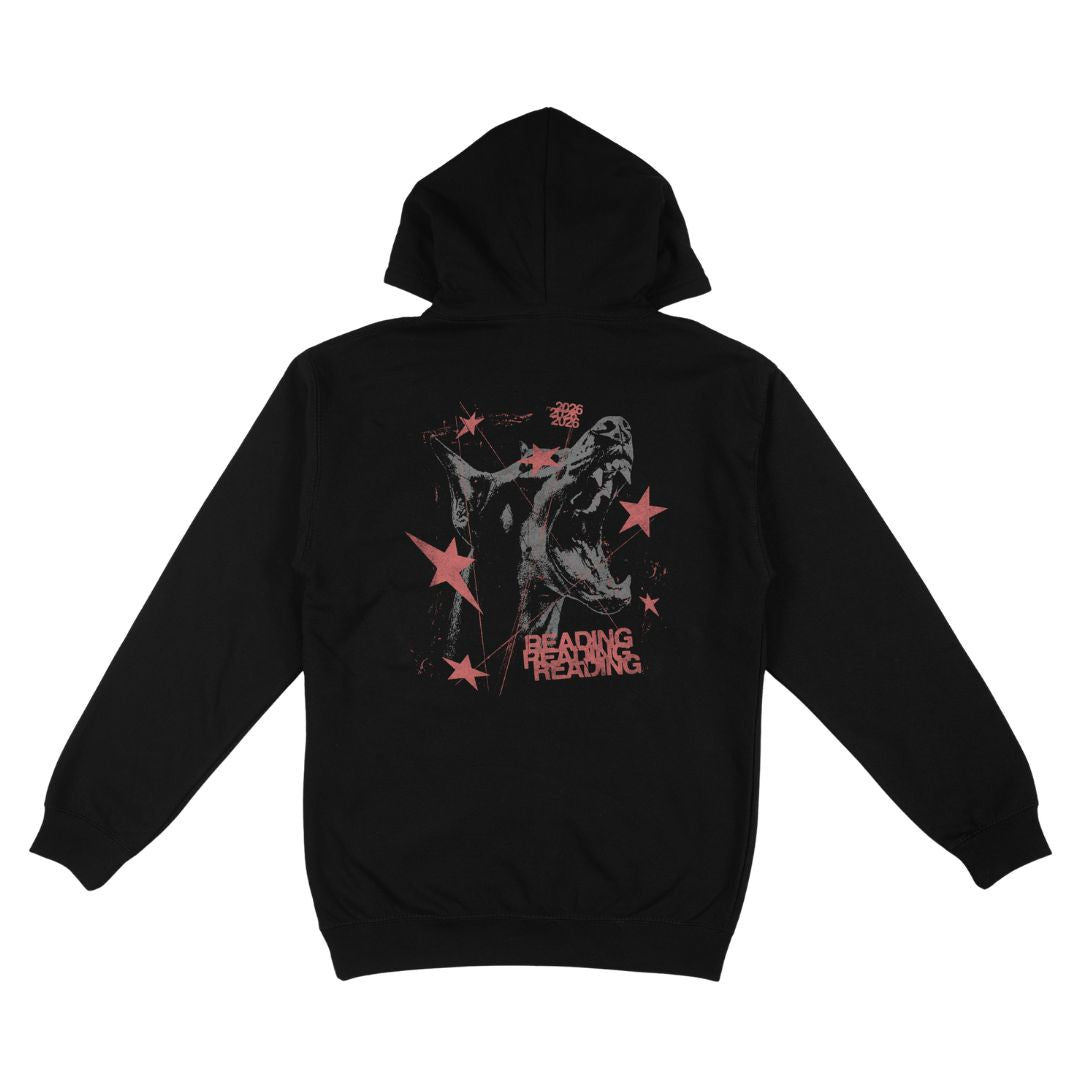 Introducing the Reading Festival Black Dog Hoodie by Reading & Leeds Festival. This black hoodie features a striking red graphic of a roaring dog surrounded by stars on the back, with the bold words “READING FREAKING FREAKING” printed beneath the design. Crafted from ultra-soft Ringspun Cotton, it offers a comfortable unisex fit that’s ideal for everyday wear.