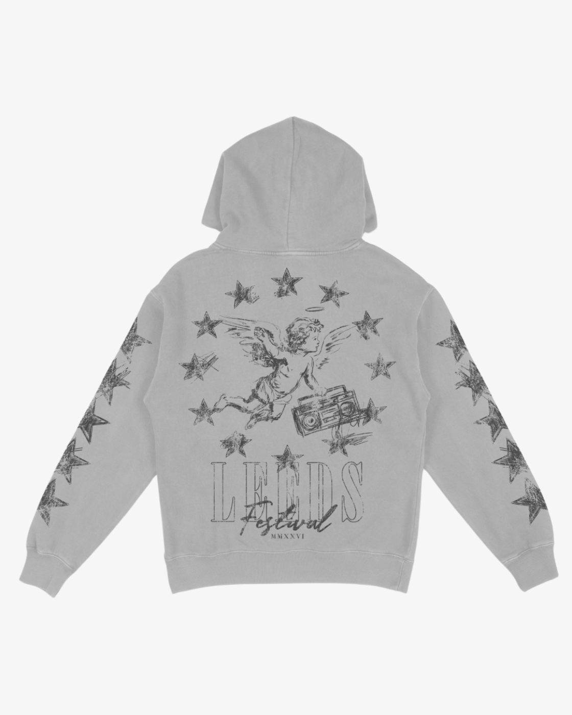 The Click & Collect Leeds Cherub Hoodie by R&L Click & Collect 2026 is a gray hoodie with a back design featuring an angel holding a boombox, surrounded by stars and the text “LEEDS Festival MMXXIV.” Additional star motifs decorate both sleeves. The hoodie is shown against a plain white background.
