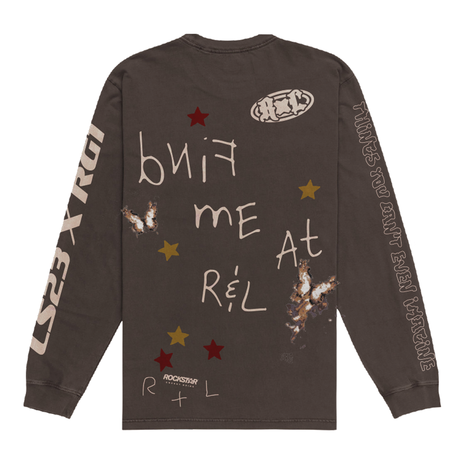 The Brown Long Sleeve T-Shirt by 2025 features scattered scribbled text, colorful stars, and distressed spots with phrases like but me at RÈL and THINGS YOU AINT SEEN on the shirt and sleeves.