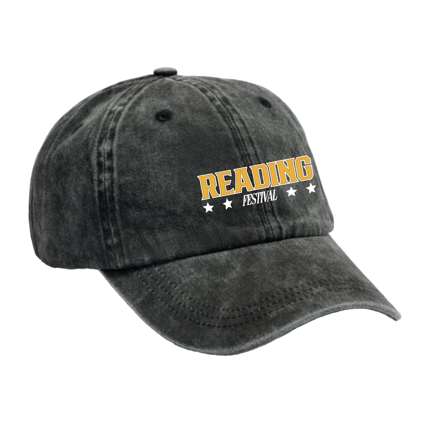 The 2025 Reading Embroidered Cap is a faded black baseball cap featuring READING FESTIVAL in yellow and white embroidery above five white stars on the front.