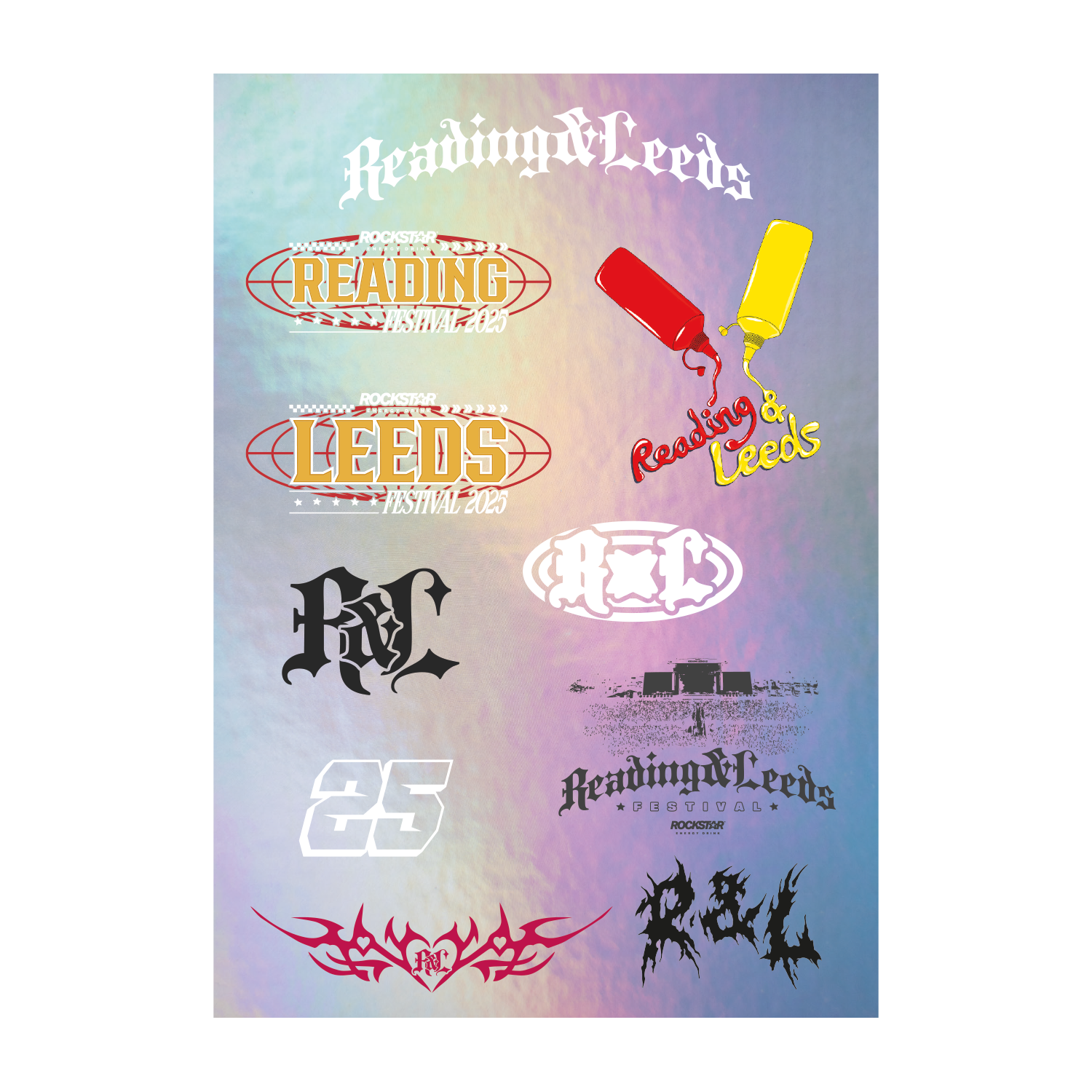 The 2025 Metallic Sticker Sheet features vibrant and stylized Reading & Leeds festival logos, text, icons, and graphic elements like spray paint and music stages on a pastel gradient background.