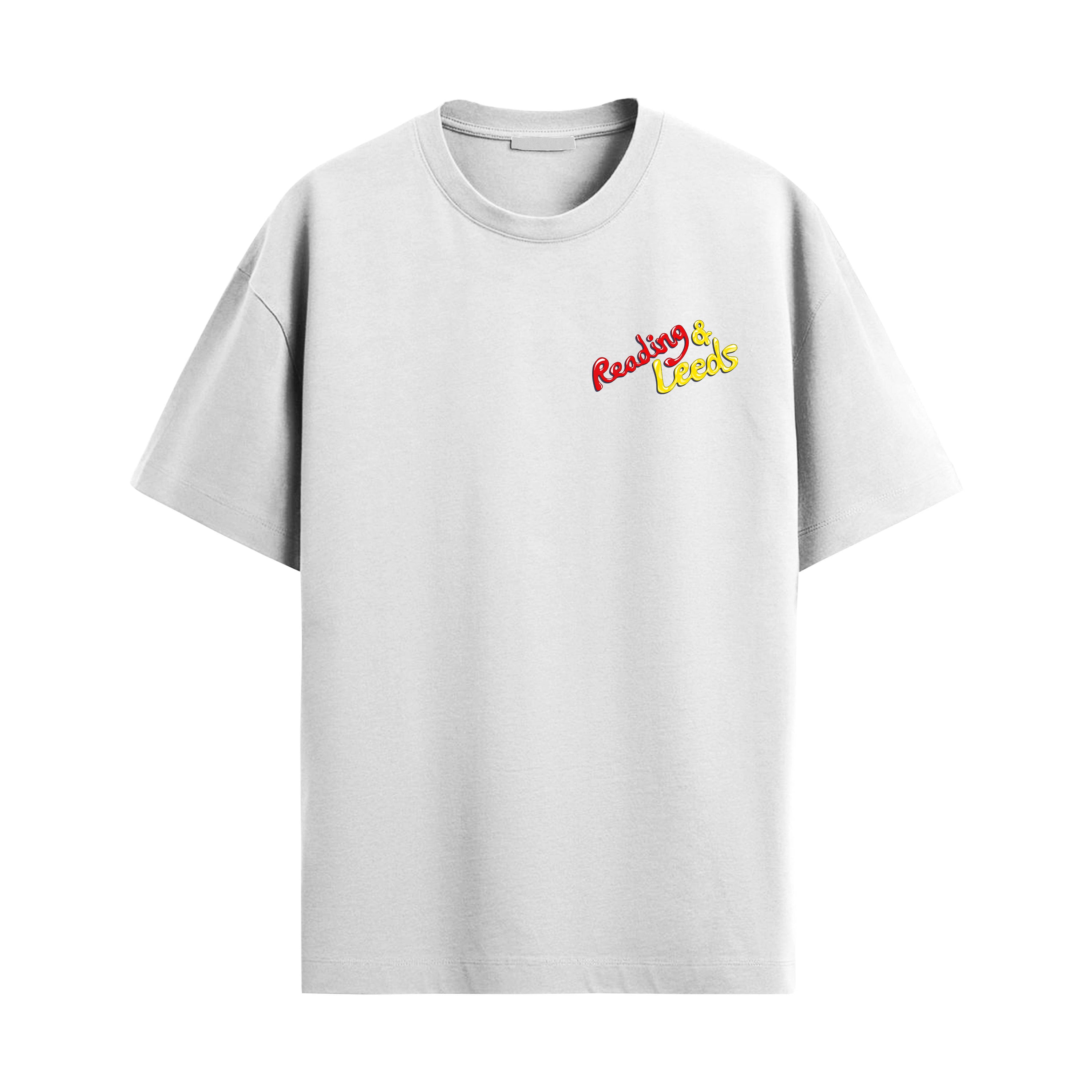 An oversized white T-shirt from Reading & Leeds Festival featuring a small, colorful Ketchup & Mustard logo on the left chest.