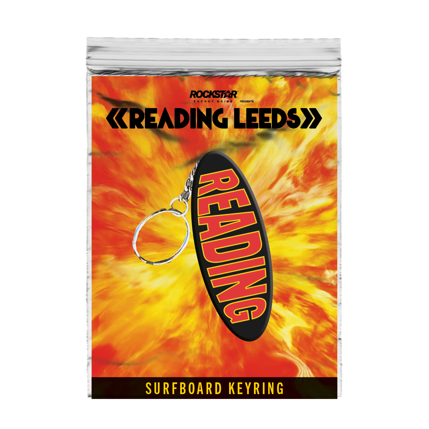 The Reading Keyring by 2025 features a surfboard-shaped design with READING in bold red letters, packaged against a vibrant yellow and orange background labeled “READING LEEDS” at the top and “SURFBOARD KEYRING” at the bottom.