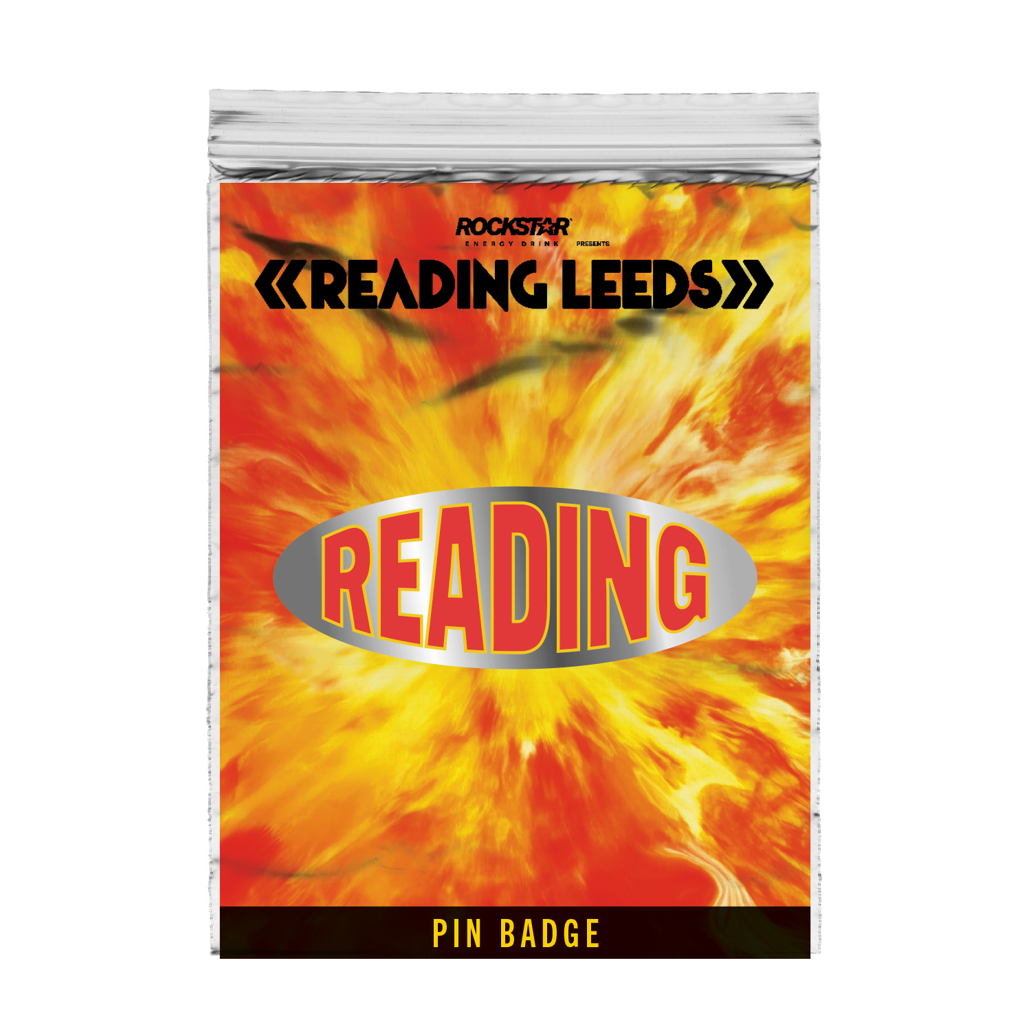 The Reading Pin Badge from 2025 features a fiery yellow-orange background, bold red READING in a silver oval, READING LEEDS at the top, and PIN BADGE in yellow at the bottom.