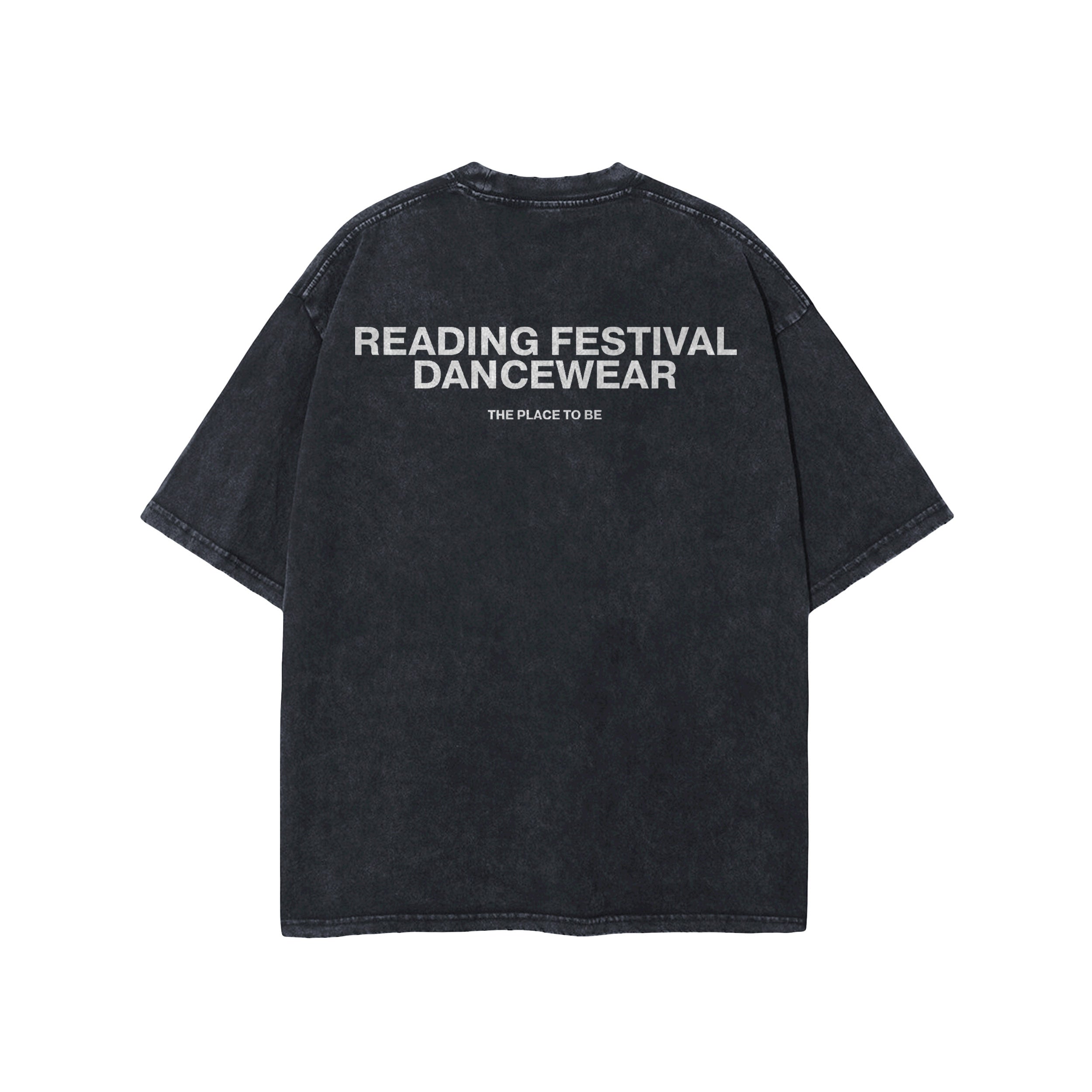The Reading & Leeds Festival Reading Dancewear Oversize T-Shirt is a black tee with bold white READING FESTIVAL DANCEWEAR text and THE PLACE TO BE on the back—a statement piece inspired by must-have festival looks.