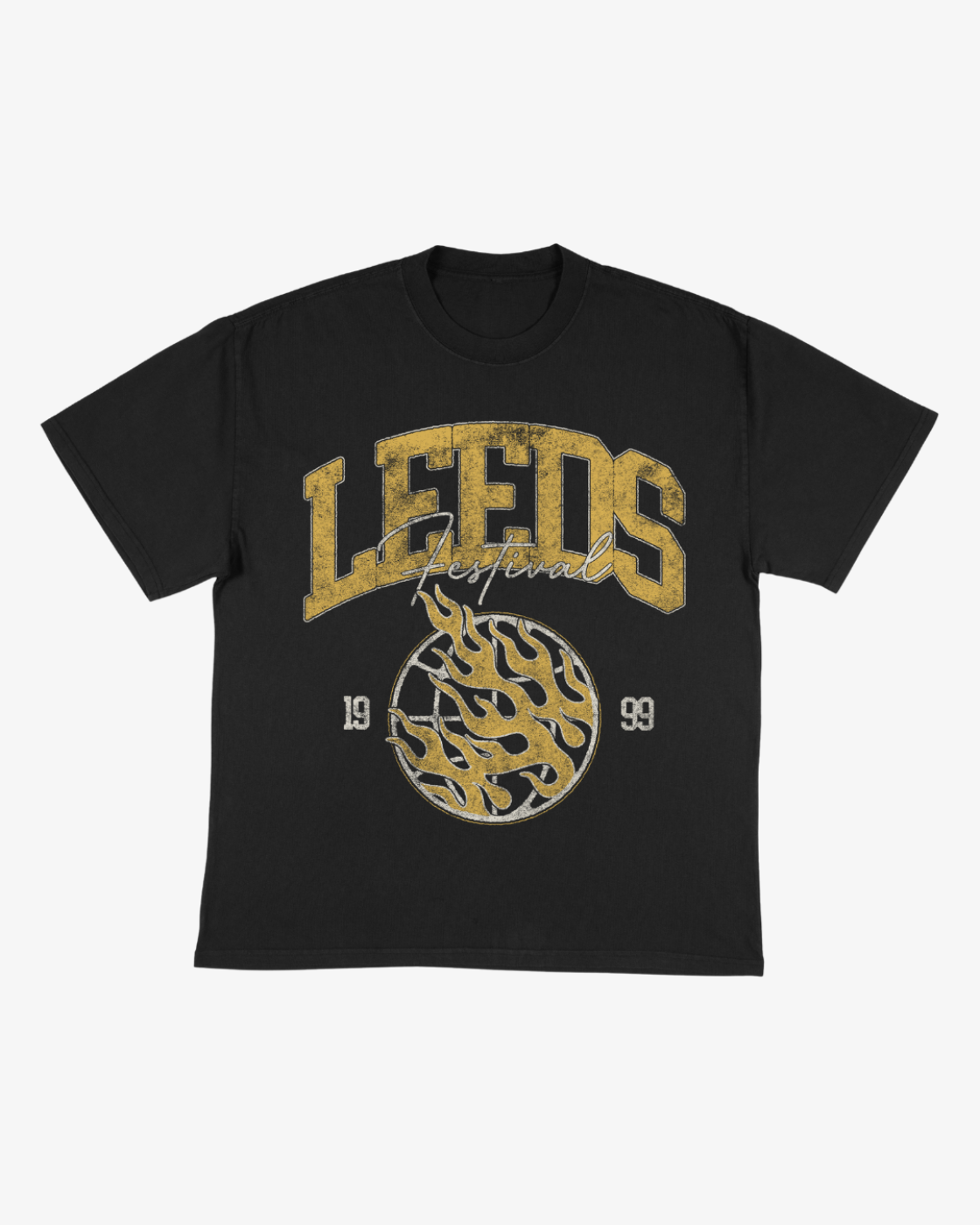 Introducing the Click & Collect Leeds College T-Shirt by R&L Click & Collect 2026—a black tee featuring bold yellow “LEEDS Festival” distressed text, a striking flaming ball graphic, and “1999” split on either side of the design.