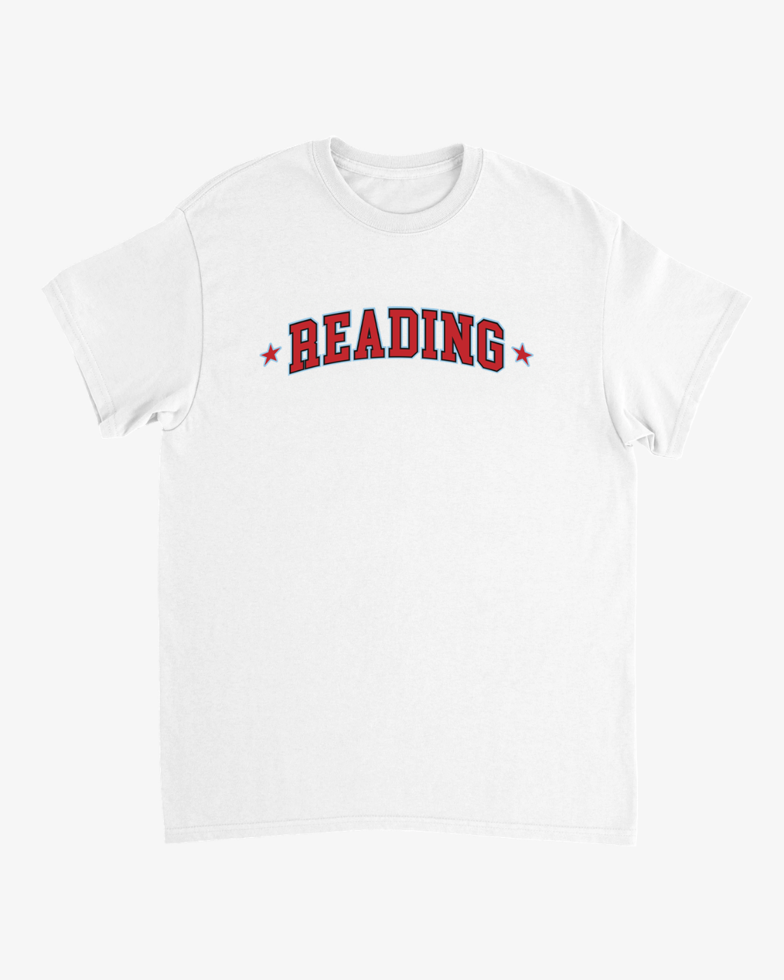 Introducing the R&L Click & Collect 2026 Reading White Logo Line-Up T-Shirt: This crisp white tee features the word READING boldly displayed in striking red letters outlined in black, centered on the chest. Each side of “READING” is accented by a small red star, adding a touch of flair to this standout R&L Click & Collect 2026 design.