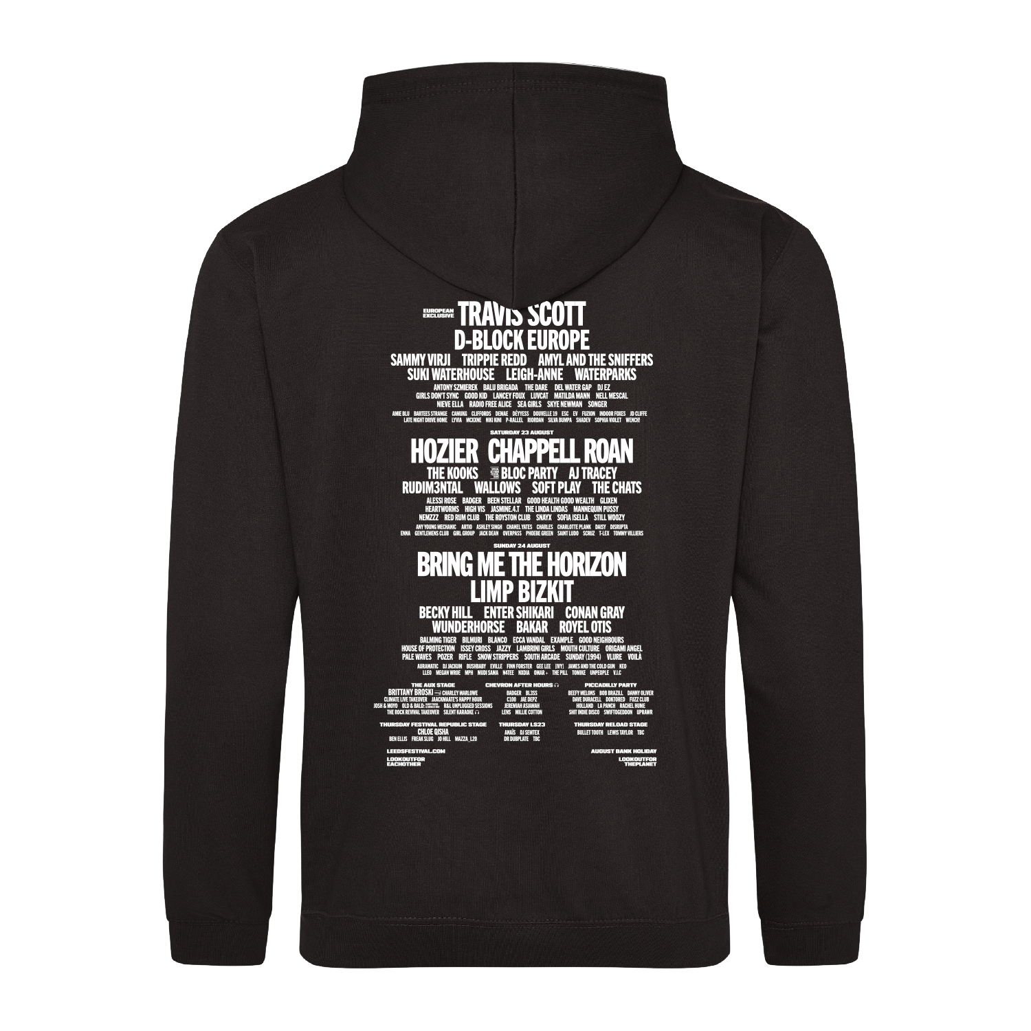 Leeds 2025 Black Pullover Line-Up Hoodie by 2025, featuring white text listing bands and artists on the back, including Travis Scott, D-Block Europe, Hozier, Chappell Roan, Bring Me The Horizon, Limp Bizkit & more smaller names.