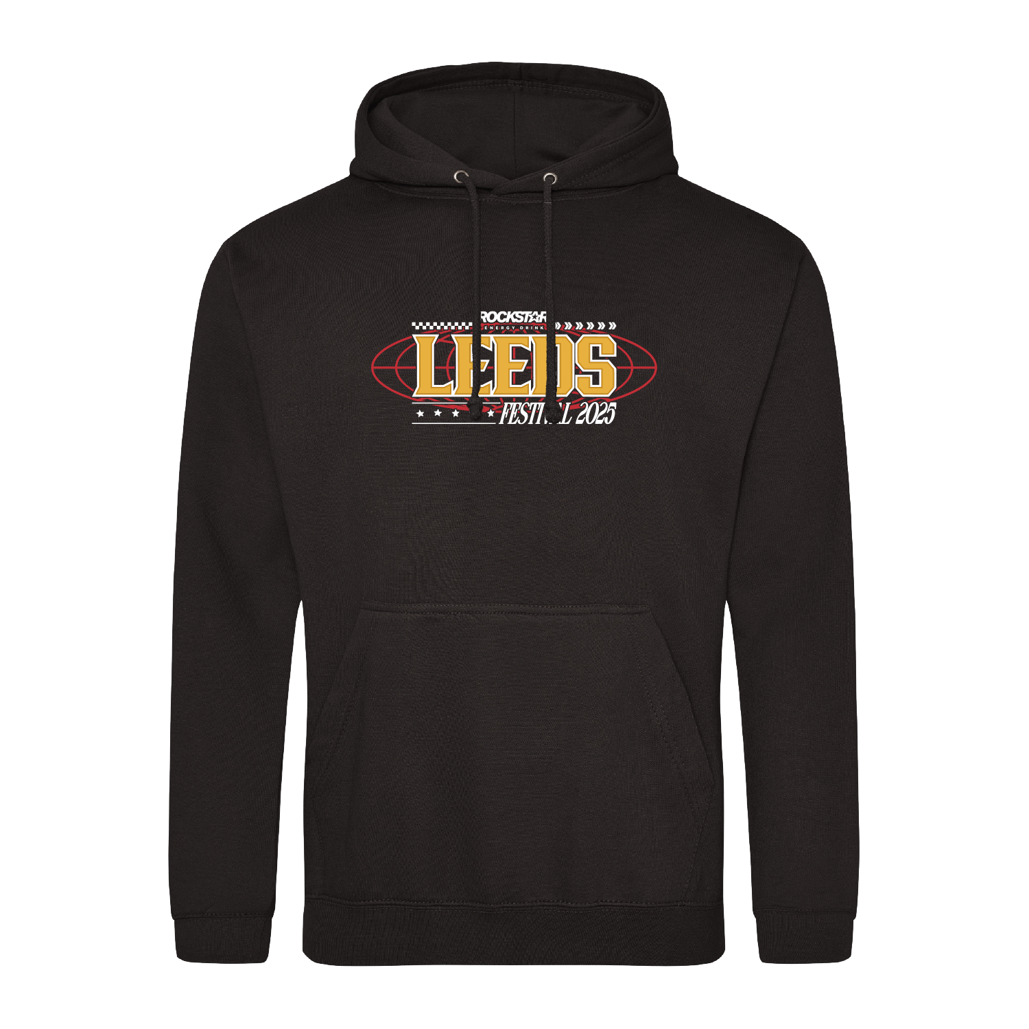 The Leeds 2025 Black Pullover Line-Up Hoodie by 2025 features a front graphic with “ROCKSTAR LEEDS EST. 2005” in yellow, white, and red, plus decorative lines and stars, a front pocket, and drawstrings.