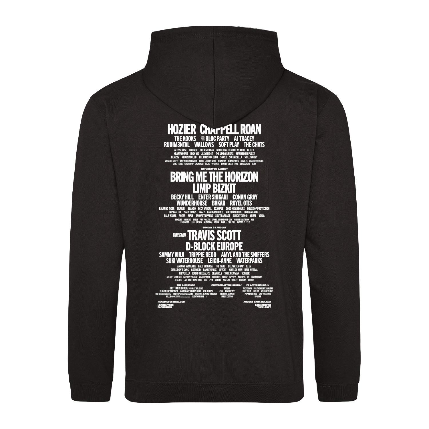 The Reading 2025 Black Pullover Line-Up Hoodie by Reading & Leeds Festival features a hood and displays a lineup of musical artists’ names on the back in grouped, white text of varying font sizes.