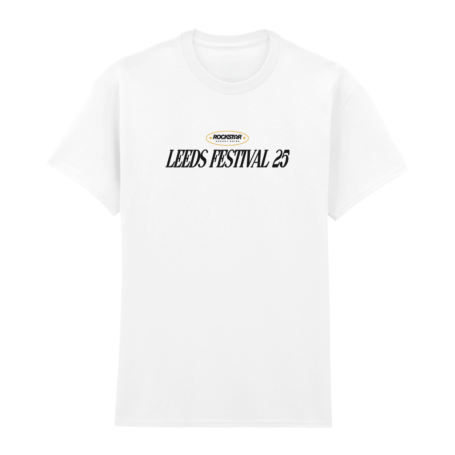 The Leeds 2025 Line-Up White T-Shirt features the Rockstar Energy logo above black LEEDS FESTIVAL 25 text, centered on the chest. Brand: 2025.