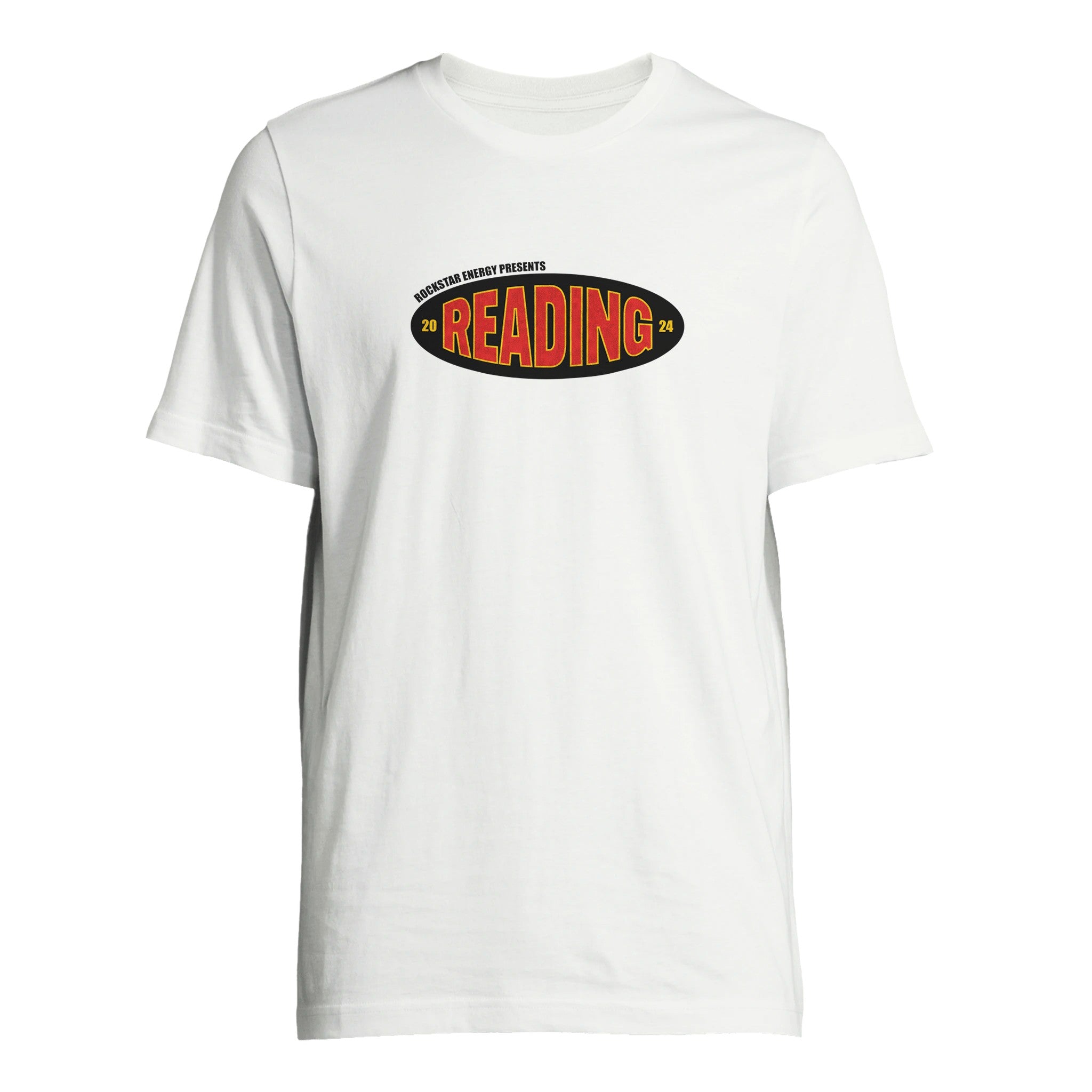 The Reading & Leeds Festival Reading 2024 Line Up T-Shirt is a unisex, high-quality cotton tee featuring a black oval logo with large red READING lettering and smaller text above and around the logo.