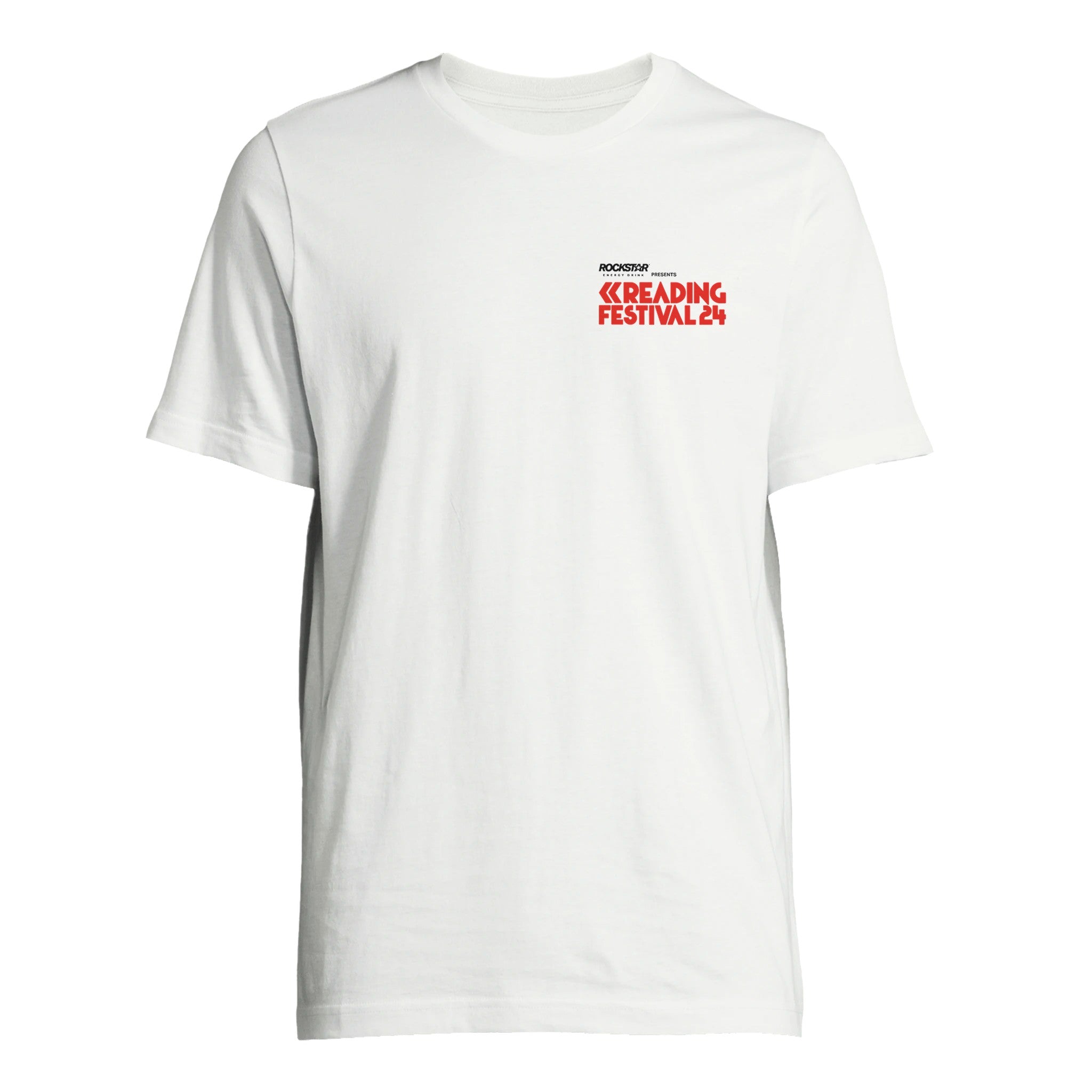 The Reading & Leeds Festival Reading 2024 Logo Line Up T-Shirt is a plain white unisex cotton tee with READING FESTIVAL 24 in bold red and smaller black text on the left chest.