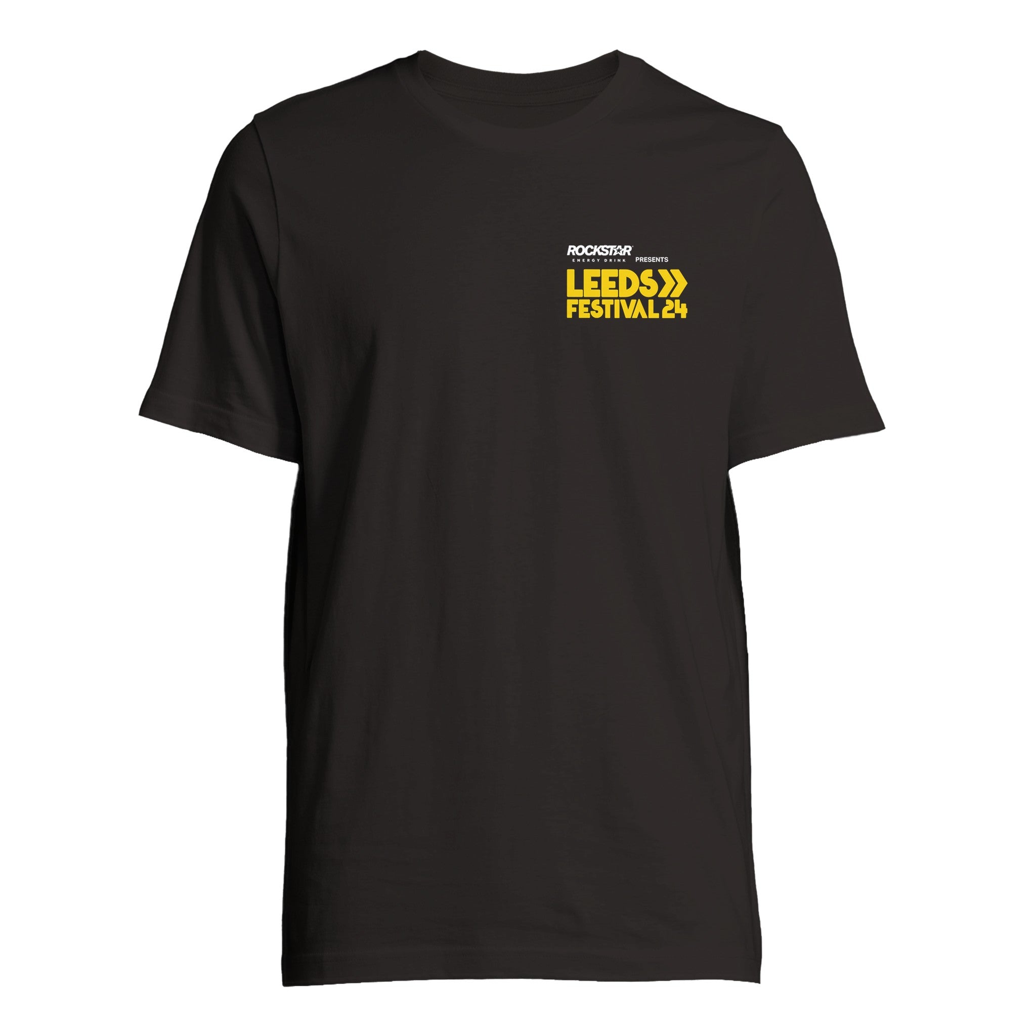 The Leeds 2024 Logo Line Up T-Shirt by Reading & Leeds Festival is a black unisex cotton tee with ROCKSTAR presents LEEDS FESTIVAL 24 in white and yellow on the upper left chest.