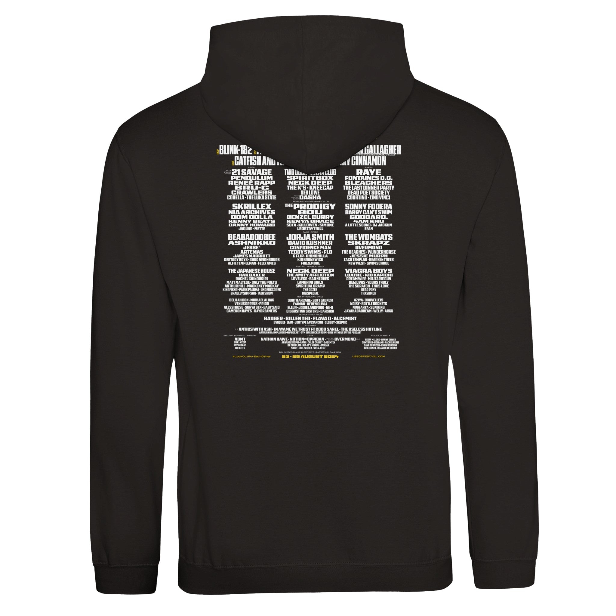 The Leeds 2024 Line Up Black Hoodie by Reading & Leeds Festival is a made-to-order, unisex hoodie with a back view showing artist names in white and yellow text, festival lineup-style. Features long sleeves and an up hood for comfort.