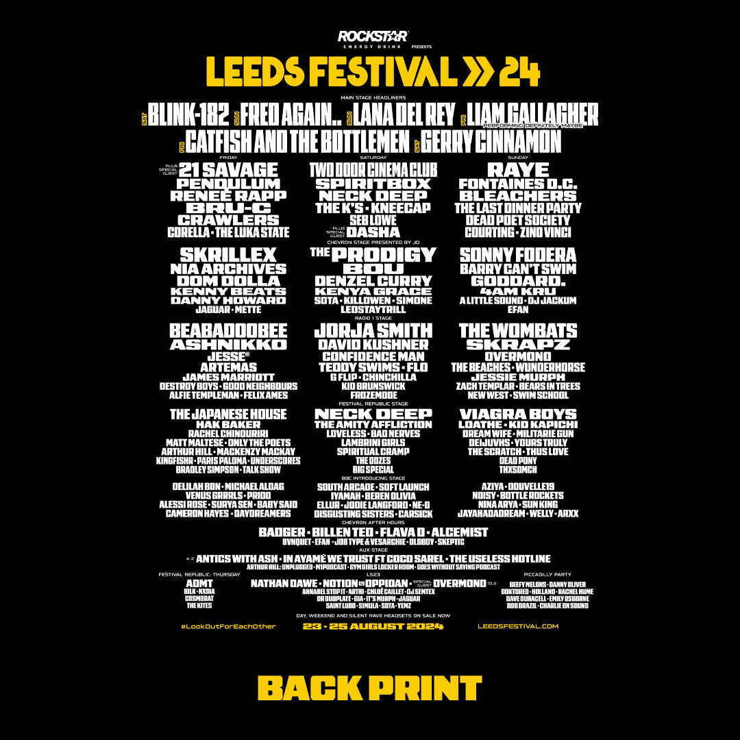 The Leeds 2024 Line Up Black Hoodie by Reading & Leeds Festival features a bold lineup with Blink-182, Lana Del Rey, and Liam Gallagher on a black backdrop—crafted for fans seeking a comfortable unisex fit and made-to-order style.