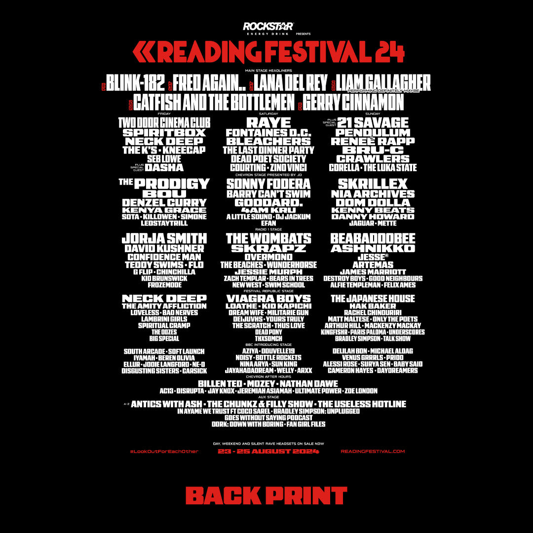 The Reading & Leeds Festival Reading 2024 Line Up Black Hoodie is made-to-order with a unisex fit, featuring headliners Blink-182, Fred Again.., Lana Del Rey, Liam Gallagher, Catfish and the Bottlemen, and Gerry Cinnamon in white on black.