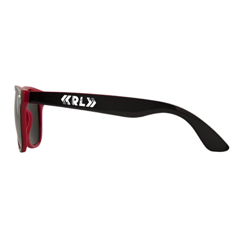 Side view of Reading & Leeds Festival Reading Black/Red Sunglasses featuring bold black frames, vibrant red inner arms, and striking white RL letters on the temple—perfect for festival style and eye protection.